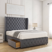 (3ft Single(No Drawer), Steel(No Mattress)) Luxury Divan Double Bed Plush Velvet 54” Wing Headboard with Mattress Drawers Storage Bed