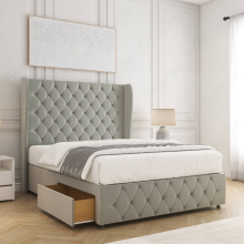 (6ft Super King(No Drawer), Silver(with Mattress)) Luxury Divan Double Bed Plush Velvet 54” Wing Headboard with Mattress Drawers Storage Bed