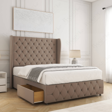(6ft Super King(2 Drawers), Mink(No Mattress)) Luxury Divan Double Bed Plush Velvet 54” Wing Headboard with Mattress Drawers Storage Bed