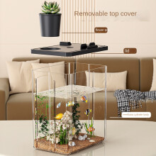 (Black Medium) Transparent Fish Tank with Landscape Design, Lighting, Filtration, and Aeration All-in-One System—Small Desktop Ecological Tank