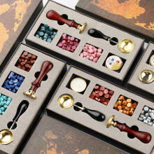 (9) Wax Seal Stamp Kit Vintage Map Box Sealing Wax Beads Set Creative Gift Multi-Color Wax Granules Stamp Heads Melting Spoon Candles Complete Tools