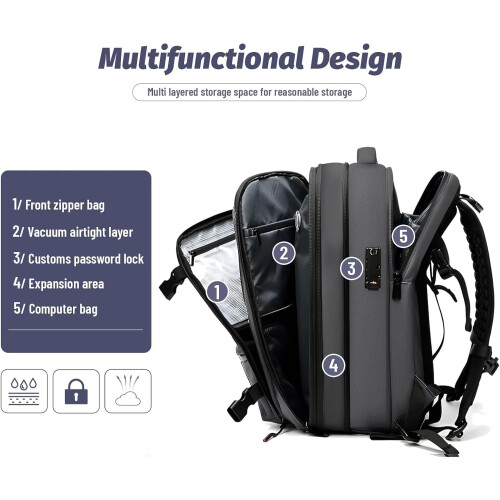 Airbag Backpack with Vacuum System, 60 L Expandable Backpack, Vacuum Compression Black 1
