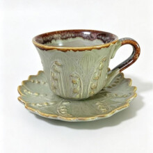 (white, 200-300ML) Kiln-Glazed Relief Lily of The Valley Coffee Cup and Saucer Set Vintage Ceramic Mug for Couples Home Use