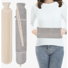 Lang Wärmflasche mit Bezug Flauschig, Groß Schlauch 2L Long Hot Water Bottle mit Handwärmer, Zum Umbinden, XXL Gummi Grau Längliche Plüsch B