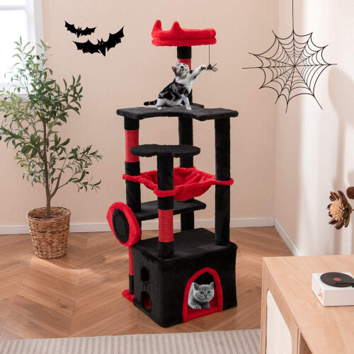 Gothic Cat Tree with Plush Perch, Scratching Posts, Black & Red