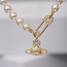 (Saturn Pearl Necklace [Gold]) Women Pearl Saturn Pendant Necklace, Silver Tone Crystal Safety Pin Choker, Sparkling Planet Chain Jewellery Gift