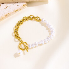 (OT Beaded Bracelet) Women Heart Pearl Bracelet, Gold Chunky Chain Adjustable Fashion Wrist Jewellery Gift