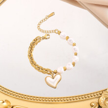 (Love Pearl Bracelet) Gold Chunky Chain Heart Pearl Bracelet for Women, Imitation Pearl Beaded Adjustable Stainless Steel Wrist Jewellery Gift