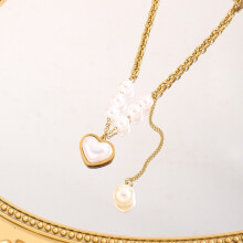 (Love Pearl Tassel Necklace) Gold Chunky Chain Heart Pearl Bracelet for Women, Imitation Pearl Beaded Adjustable Stainless Steel Wrist Jewellery Gift