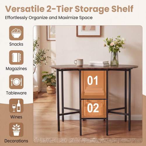 Oval Folding Dining Table with Shelves, Metal Frame, Brown
