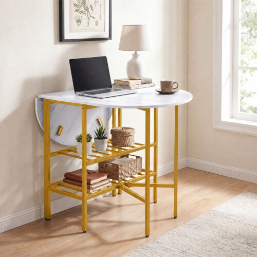 Oval Folding Table with Shelves, Metal Frame, White 1