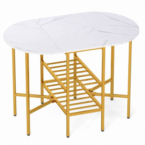 Oval Folding Table with Shelves, Metal Frame, White 2