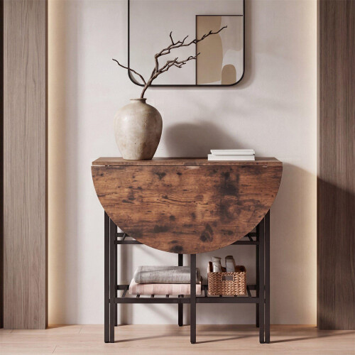 Oval Folding Dining Table with Shelves, Metal Frame, Brown 1
