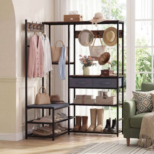Corner Coat Rack with Bench, Shoe Storage, 5 Shelves, Black 2