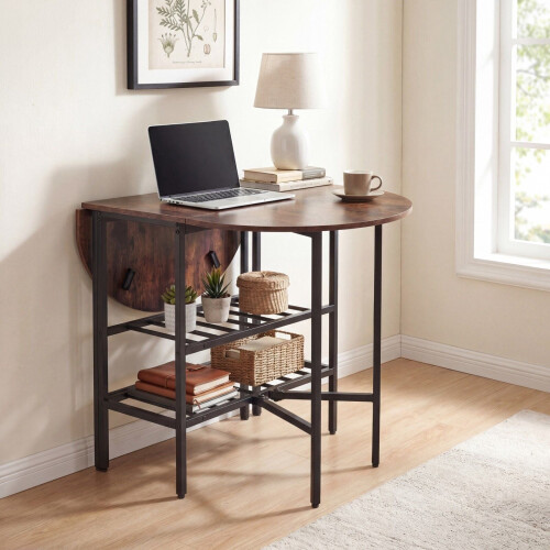 Oval Folding Dining Table with Shelves, Metal Frame, Brown 2