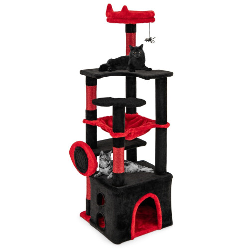 Gothic Cat Tree with Plush Perch, Scratching Posts, Black & Red 1