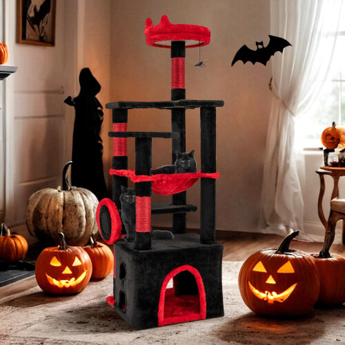 Gothic Cat Tree with Plush Perch, Scratching Posts, Black & Red 2