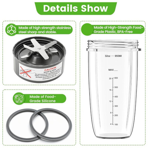 Blender Cup Blade Replacement Parts for  600W 900W Include 32oz Huge Cup & Extractor Blade & 2 Rubber Gaskets 2
