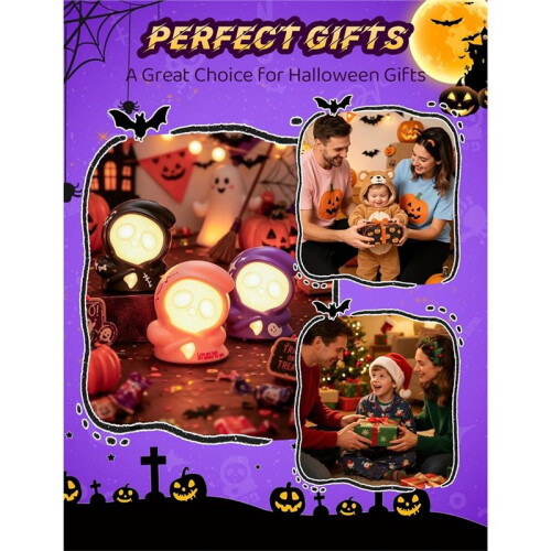 Grim Reaper Night Light 3 Pack, Pull-Back Toy Lamp with Adjustable Brightness, 3 Color Modes, Halloween Decor 1