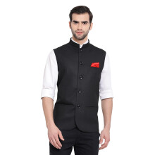 VASTRAMAY Veste Nehru Noire en Coton Soie pour Hommes - Classique avec Col Mandarin, Idéale pour Événements Festifs
