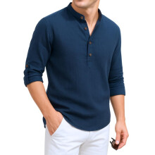 Deemoon MenS Cotton Blend Solid Regular Fit Full Sleeve Short Kurta | MenS Trendy Short Kurta Navy Blue