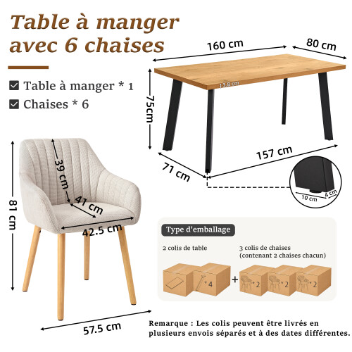 (Set of 7)Dining Table and Chairs Set Rectangular Wooden Table with 6 Upholstered Armchairs 1