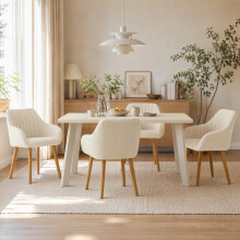 (Travertine, Set of 5)Dining Table and Chairs Set Rectangular Wooden Table with 4 Beige Armchairs