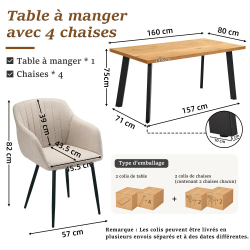 (Set of 5)Dining Table and Chairs Set, Rectangular Wooden Table with 4 Beige Armchairs 2