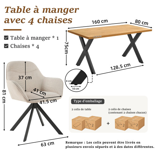 (Set of 5)Dining Table and Chairs Set, Rectangular Wooden Table with 4 Beige Armchairs 2
