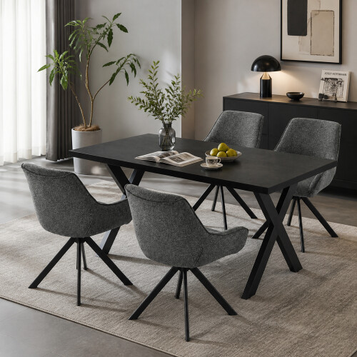 (Set of 5)Dining Table and Chairs Set, Rectangular Wooden Table with 4 Gray Armchairs