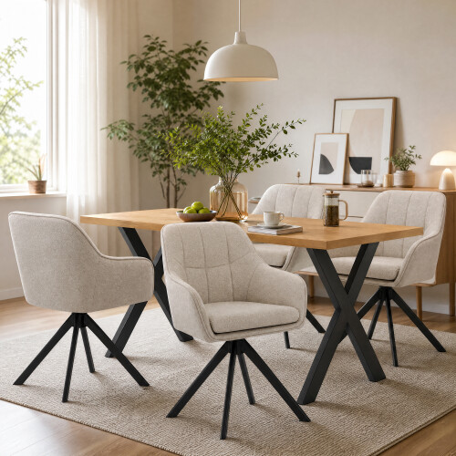 (Set of 5)Dining Table and Chairs Set, Rectangular Wooden Table with 4 Beige Armchairs