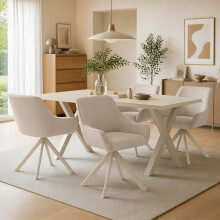 (Set of 5)Dining Table and Chairs Set, Rectangular Wooden Table with 4 Beige Swivel Armchairs