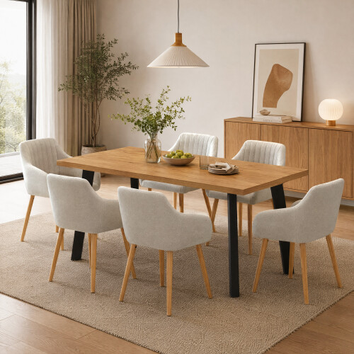 (Set of 7)Dining Table and Chairs Set Rectangular Wooden Table with 6 Upholstered Armchairs