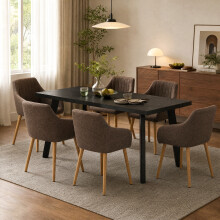 (Set of 7)Dining Table and Chairs Set, Rectangular Wooden Table with 4 Brown Armchairs