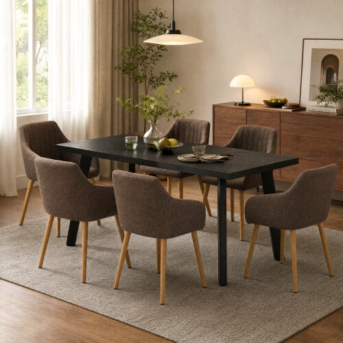 (Set of 7)Dining Table and Chairs Set, Rectangular Wooden Table with 4 Brown Armchairs