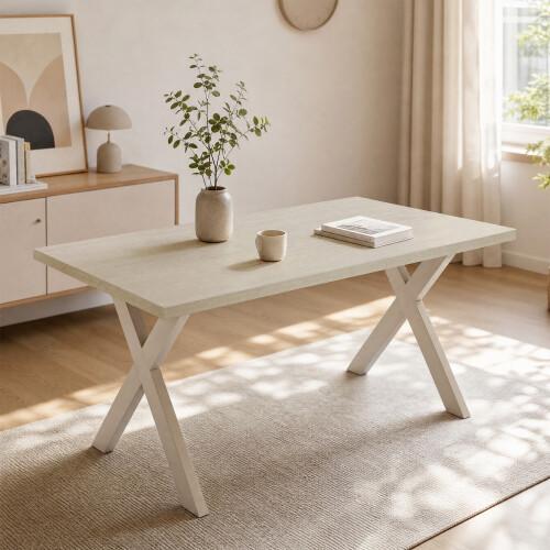 (Travertine) Dining Table, Wooden Rectangular Kitchen Table with Sturdy Metal Legs