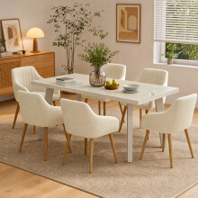 (Travertine, Set of 7)Dining Table and Chairs Set, Rectangular Wooden Table with 6 Beige Armchairs