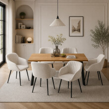 (Set of 7)Dining Table and Chairs Set, Rectangular Wooden Table with 6 Beige Armchairs