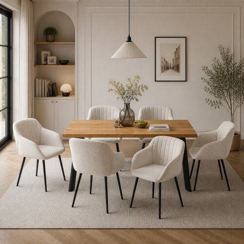 (Set of 7)Dining Table and Chairs Set, Rectangular Wooden Table with 6 Beige Armchairs