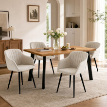 (Set of 5)Dining Table and Chairs Set, Rectangular Wooden Table with 4 Beige Armchairs