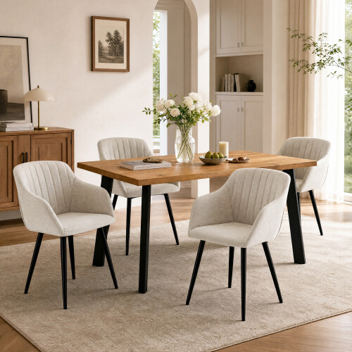 (Set of 5)Dining Table and Chairs Set, Rectangular Wooden Table with 4 Beige Armchairs