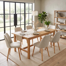 (Beige, Set of 6) Fabric Dining Chairs with Wooden Legs - GOEURVANT