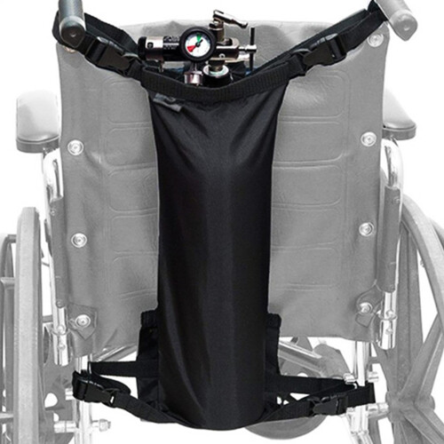 Oxygen cylinder holder for wheelchair, backpack with holder for hose
