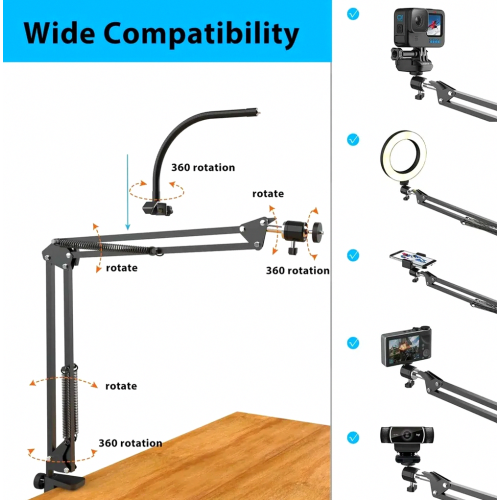 Overhead tripod for phone with ring light, flexible table camera arm with light, flexible table camera arm mount with ring light for live st 2