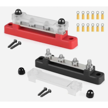 2 kpl virtakiskoa 12V-48V DC (150A), jakolohko 4x M6-liitinpulteilla, virtakisko linja-autolle, veneelle, matkailuautolle