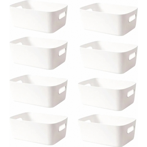 Storage box set, 8 pieces, 30 cm, plastic organizer with handles, white, stackable baskets for bathroom and kitchen