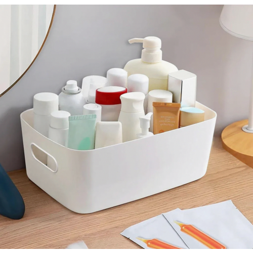 Storage box set, 8 pieces, 30 cm, plastic organizer with handles, white, stackable baskets for bathroom and kitchen 2