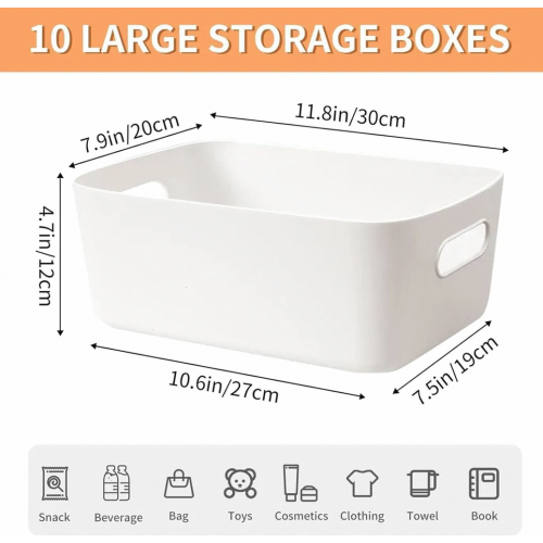 Storage box set, 8 pieces, 30 cm, plastic organizer with handles, white, stackable baskets for bathroom and kitchen 1
