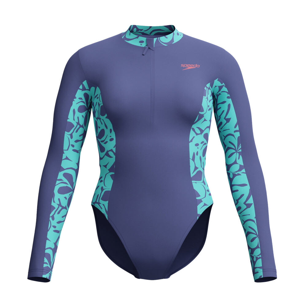 Speedo (14 Uk, Blue/Green) Womens/Ladies Panel Half Zip Long-Sleeved One Piece Swimsuit