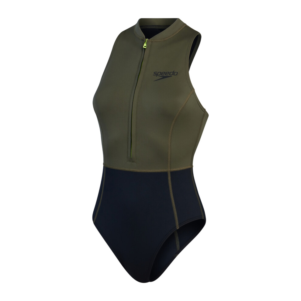 Speedo (14 Uk, Black/Olive) Womens/Ladies Colour Block Thermal Sleeveless One Piece Swimsuit
